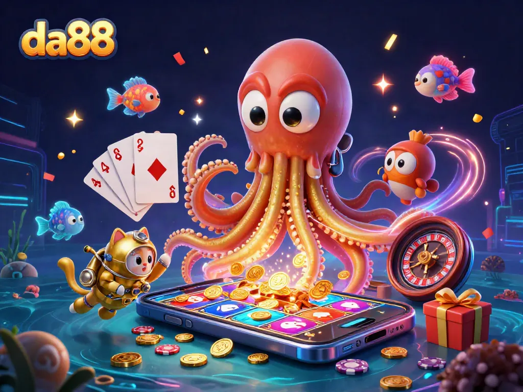 Join the thrilling da88 experience with a kraken and diving cat amidst stunning casino games.