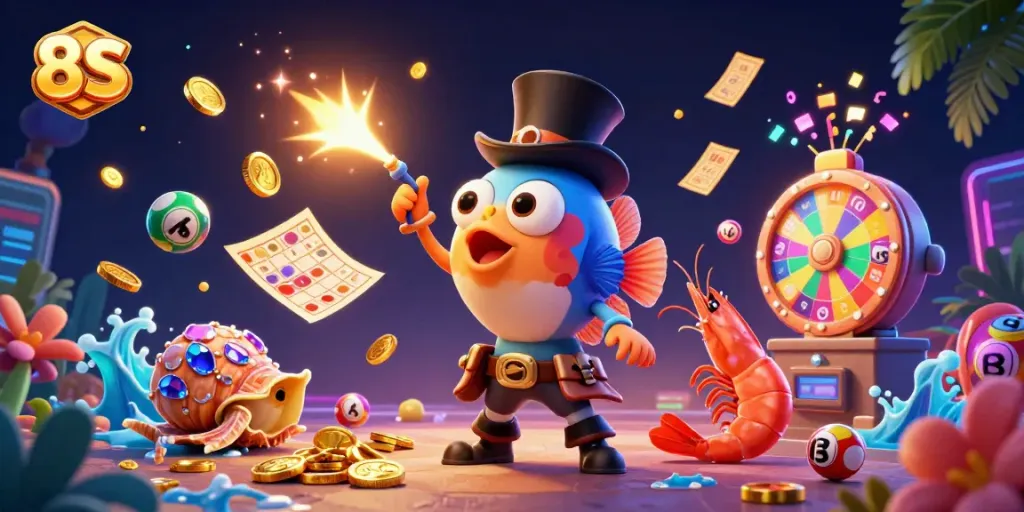 Experience thrilling gameplay with 8S as the anglerfish attracts golden coins in this vibrant casino scene.