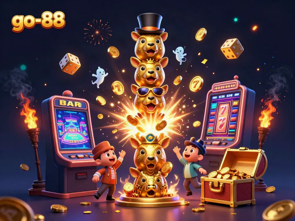 Experience exciting jackpots with go-88, featuring a lively 3D totem pole and dynamic casino game elements.