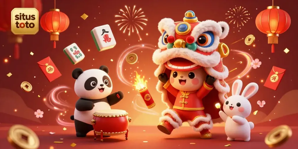 Experience the vibrant energy of situs toto with a colorful lion dance, festive characters, and rich casino symbols.