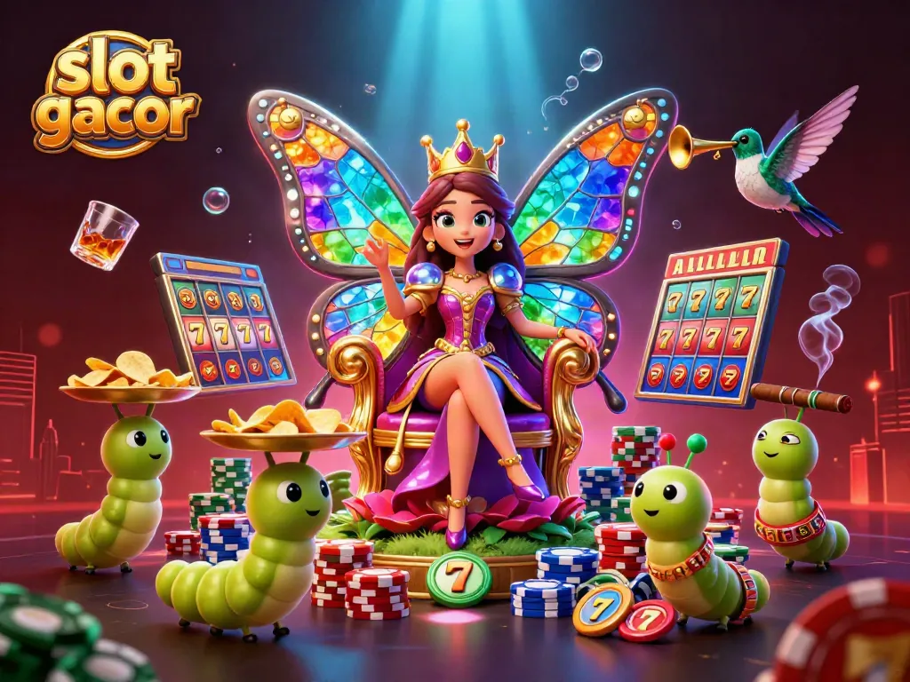 Experience the thrill of winning with slot gacor and vibrant 3D casino illustration showcasing a butterfly queen and colorful game elements.