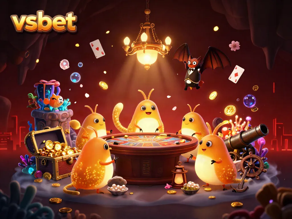 Experience the vibrant action of vsbet with glowworms illuminating a lively cave casino scene.