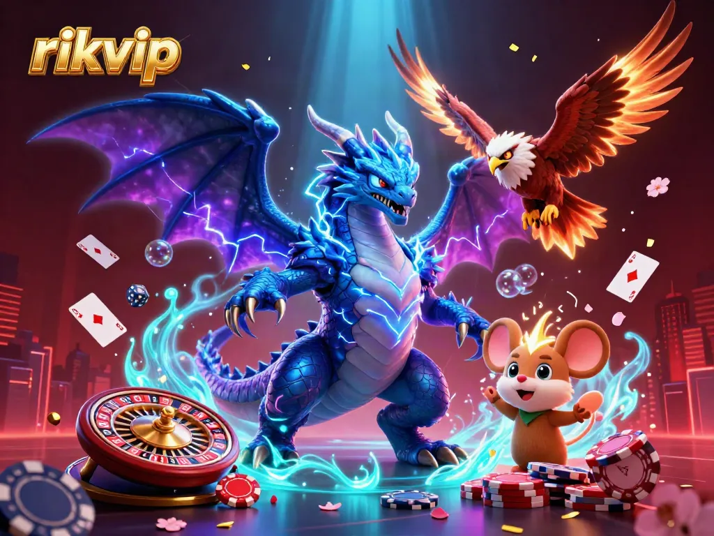 Experience thrilling action and luck at rikvip with vibrant casino elements surrounding iconic characters.