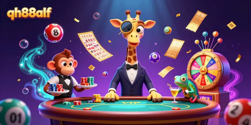 Engage in gaming excitement at qh88alf with a vibrant casino scene featuring a high-roller giraffe and lively characters.