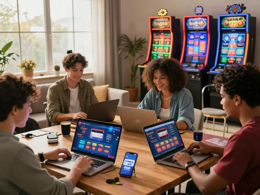 Engaged players enjoying a credit card casino experience at home with laptops and festive atmosphere.