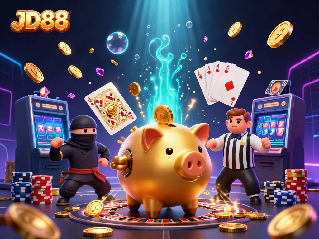 Experience JD88's vibrant casino excitement with a sumo wrestler, ninja, and referee amid a flurry of golden coins.