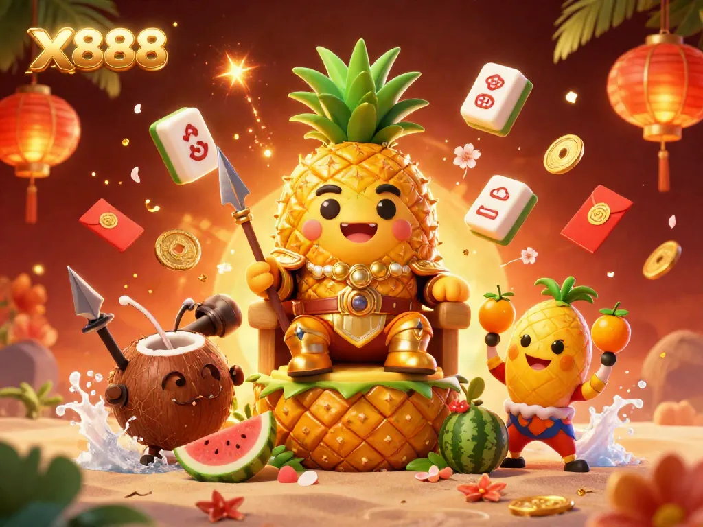 X888 casino scene featuring a golden pineapple king and lively characters in a vibrant atmosphere.