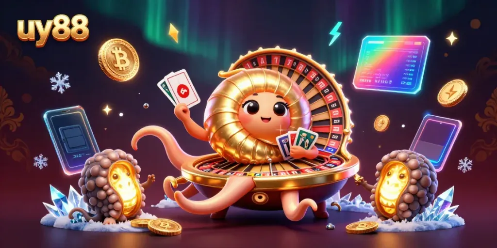 Engage with uy88 through thrilling casino adventures and glowing crypto elements in a vibrant 3D scene.