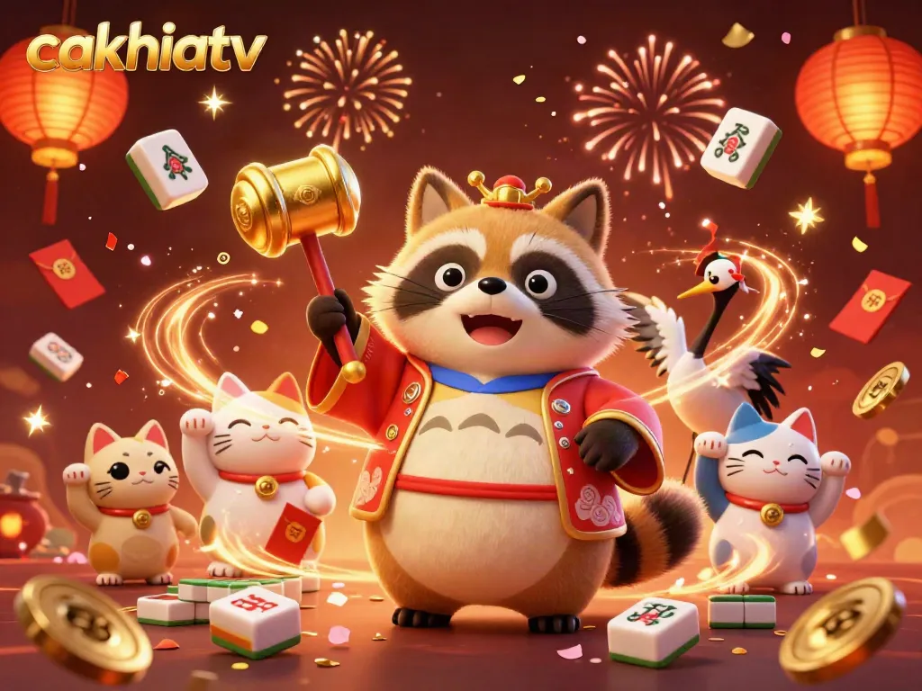Cakhiatv's charming tanuki and samurai crane celebrate with festive gaming symbols.