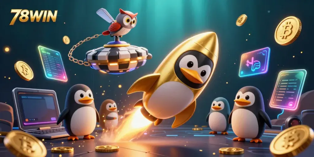 Engage with 78WIN as the golden penguin zooms towards a vibrant casino, surrounded by crypto elements.