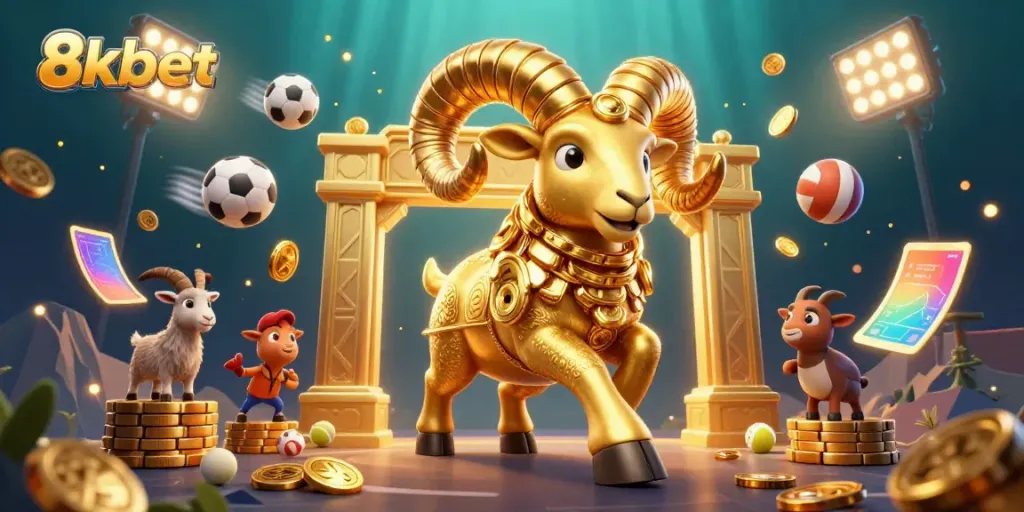 Experience thrilling sports betting with 8xbet featuring a golden ram and dynamic sports elements.