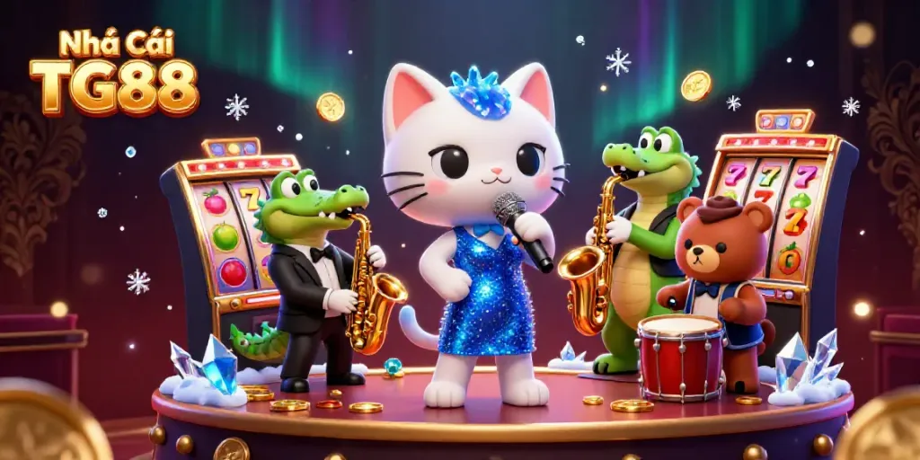 Celebrate excitement at Nhà Cái TG88 with a vibrant casino scene featuring animated characters and dynamic gaming elements.