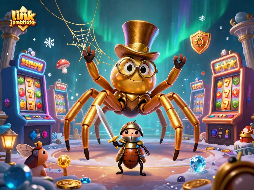 Spin and win with link jambitoto showcasing a golden tarantula webbing a casino scene.