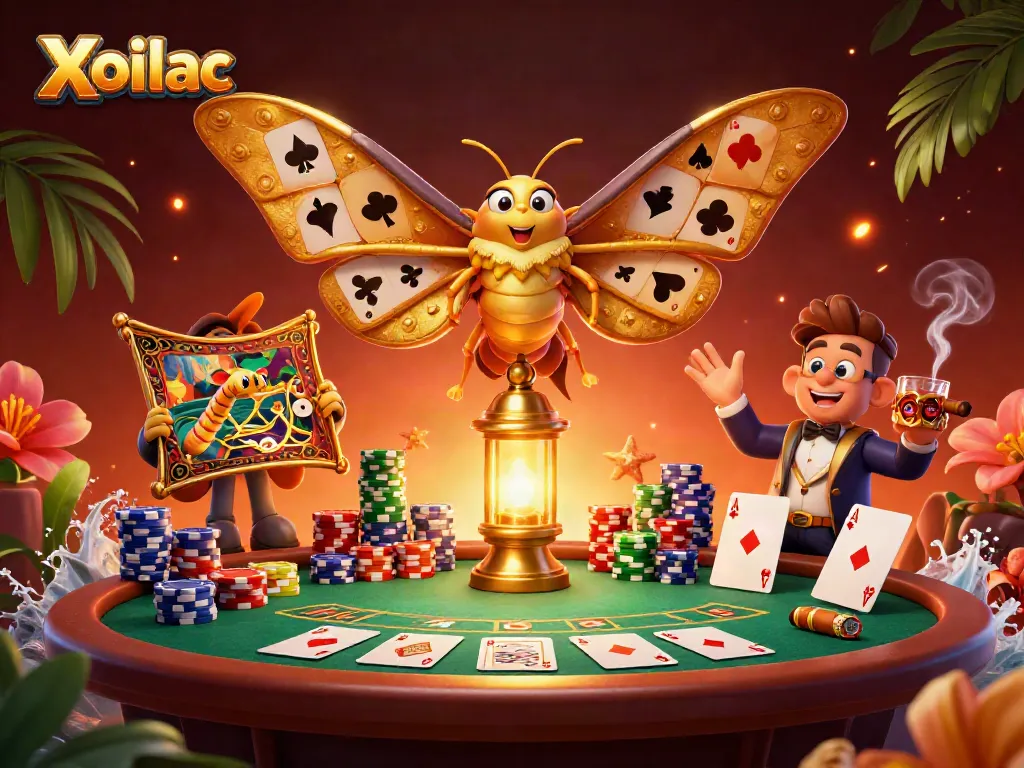 Xoilac captivates with a 3D cartoon moth and vibrant casino elements swirling in a festive design.