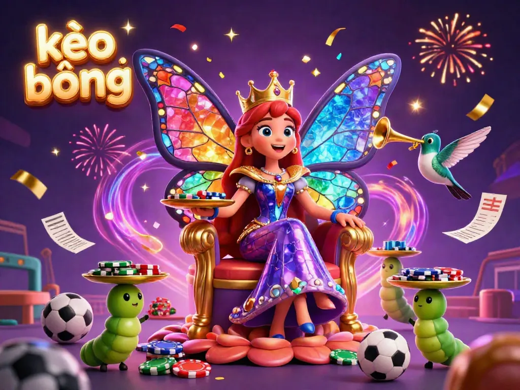 A colorful scene of kèo bóng đá featuring a butterfly queen and cheerful caterpillar servants amidst sports betting elements.