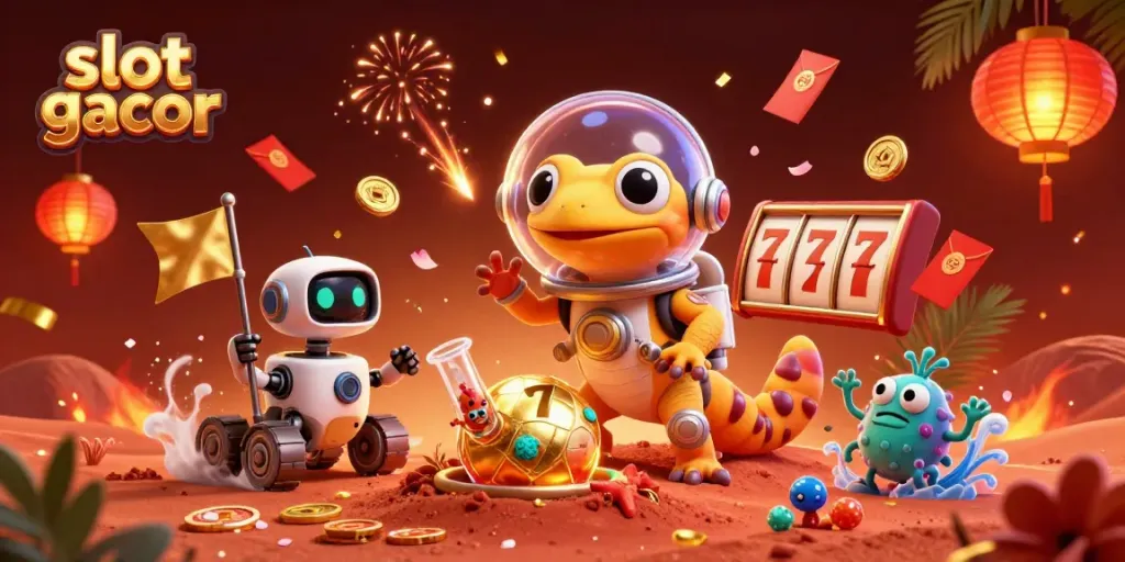 Gambaran slot gacor dengan mars gecko dan robot, penuh keberuntungan dan simbol kasino.