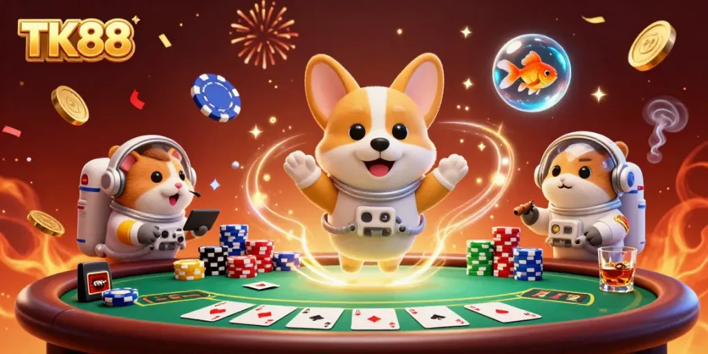 Experience thrilling gaming in the zero gravity TK88 casino as a corgi astronaut plays poker.