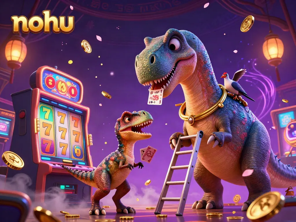 Nohus thrilling casino environment showcasing a massive brontosaurus and clever raptor amidst animated slot elements.