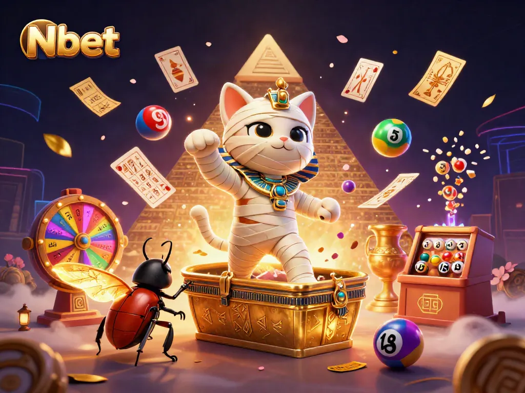 Nbet presents a vibrant gaming experience with a mummy cat, scarab, and rich casino elements