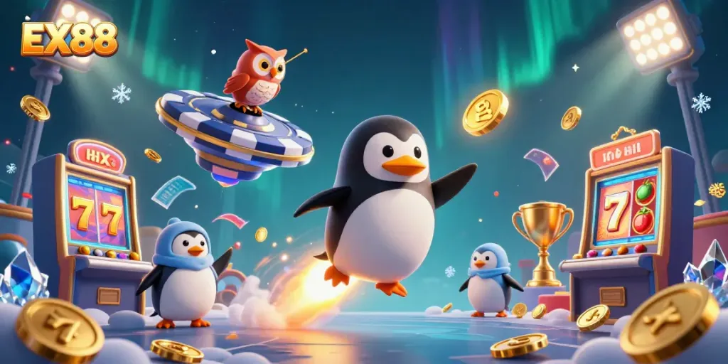 Experience the excitement of EX88 with slot machines and a golden penguin in a dynamic casino scene.
