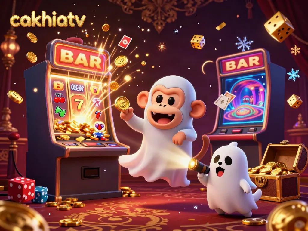 Cakhiatv showcases an engaging ghostly casino scene with a playful monkey and a curious puppy revealing exciting gaming activities.