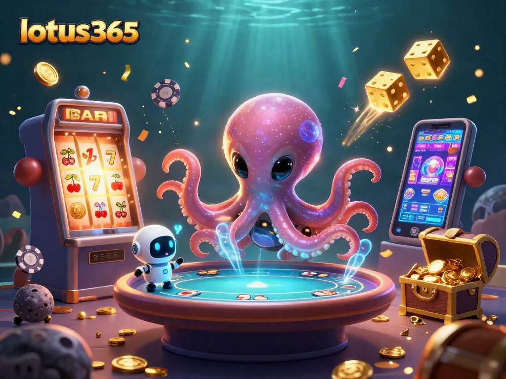 Spin and win at lotus365 with a vibrant illustration of an alien octopus and poker-themed elements.