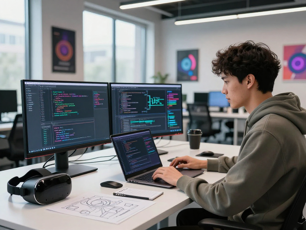 Developer coding in a tech workspace, showcasing nsfw ai creativity and innovation.