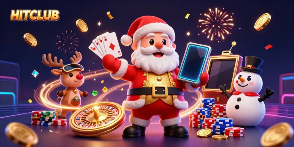 Experience the excitement of HITCLUB with Santa, his reindeer, and a poker chip snowman in a lively casino scene.