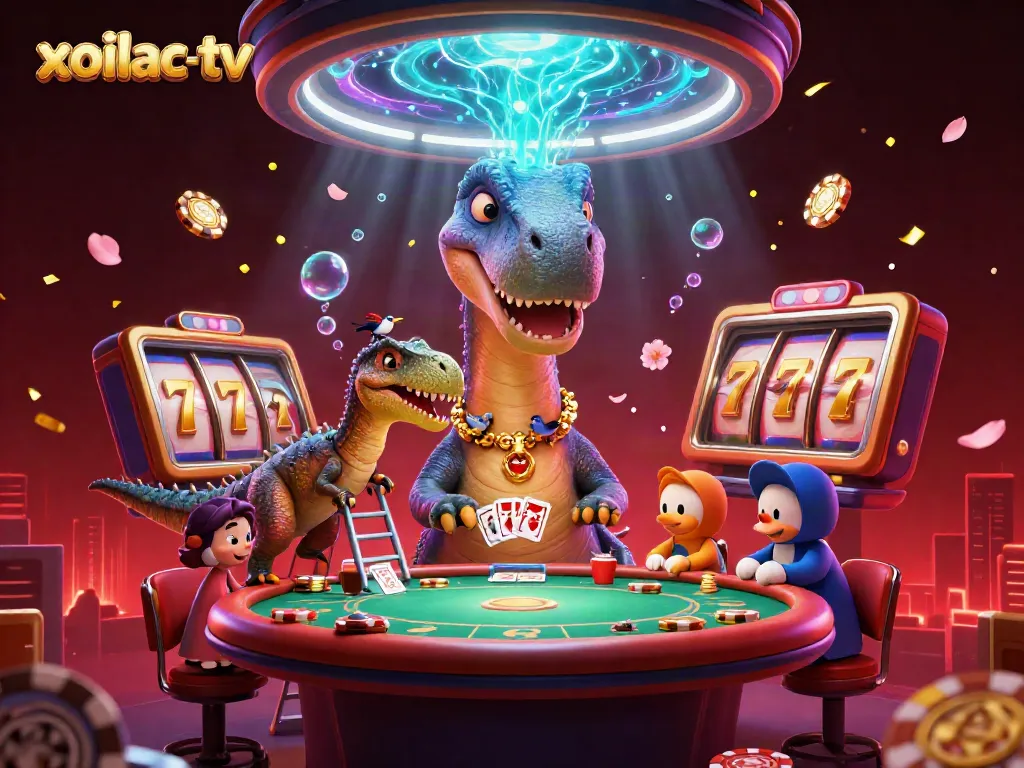 Xoilac-TV showcases a captivating casino scene with a brontosaurus and raptor dealing cards.