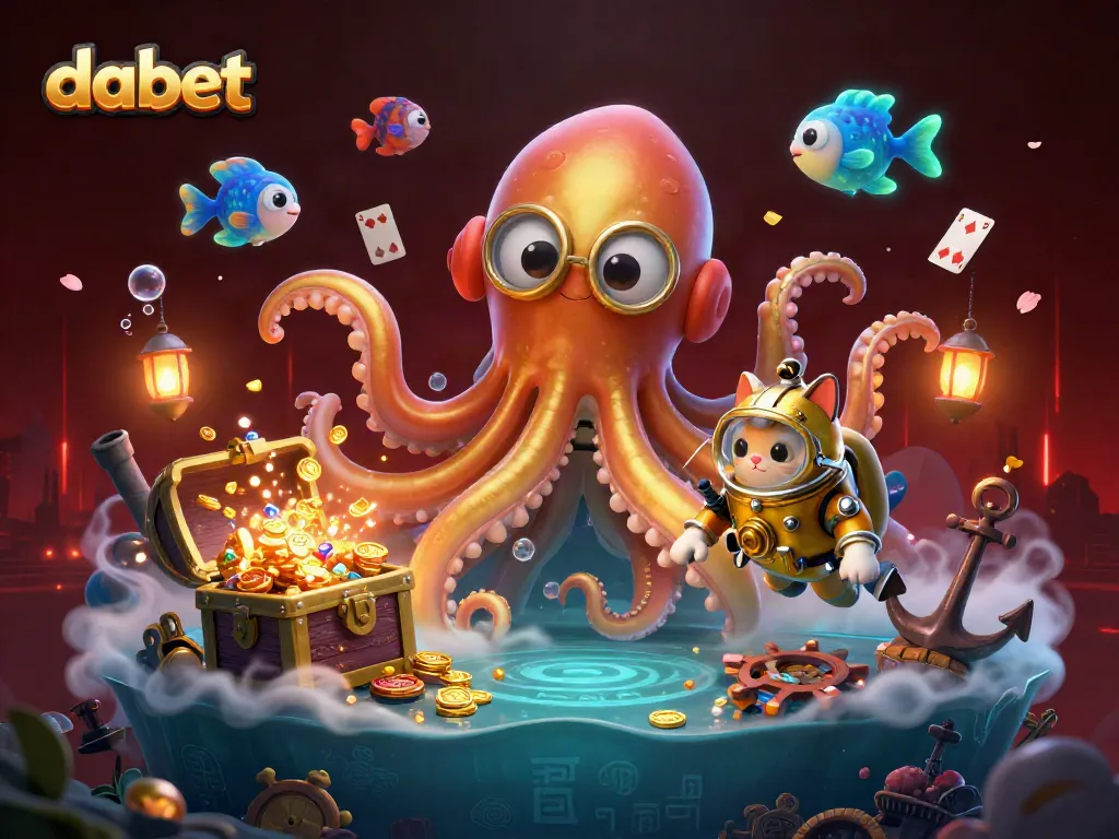 Dabet showcases thrilling underwater casino adventures with a golden kraken and diving cat amidst treasure.