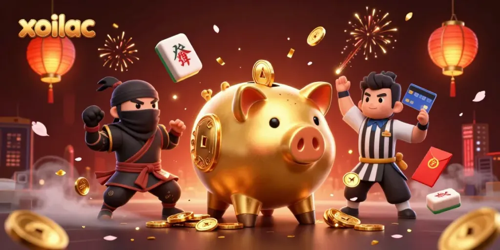 Experience the thrill of winning with xoilac in this vibrant casino-themed illustration