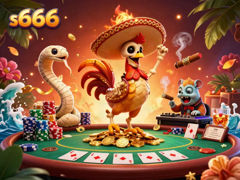 The s666 casino platform hosts a vibrant scene with characters celebrating around gaming and poker elements.