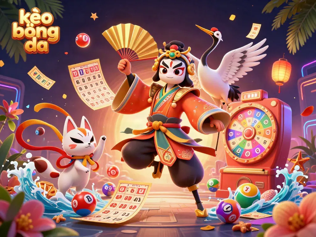 Engage with kèo bóng đá through immersive 3D art featuring traditional Asian characters in a dynamic gambling scene.