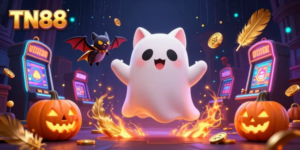 Engage with TN88's thrilling casino atmosphere featuring a ghost cat and bat companions.