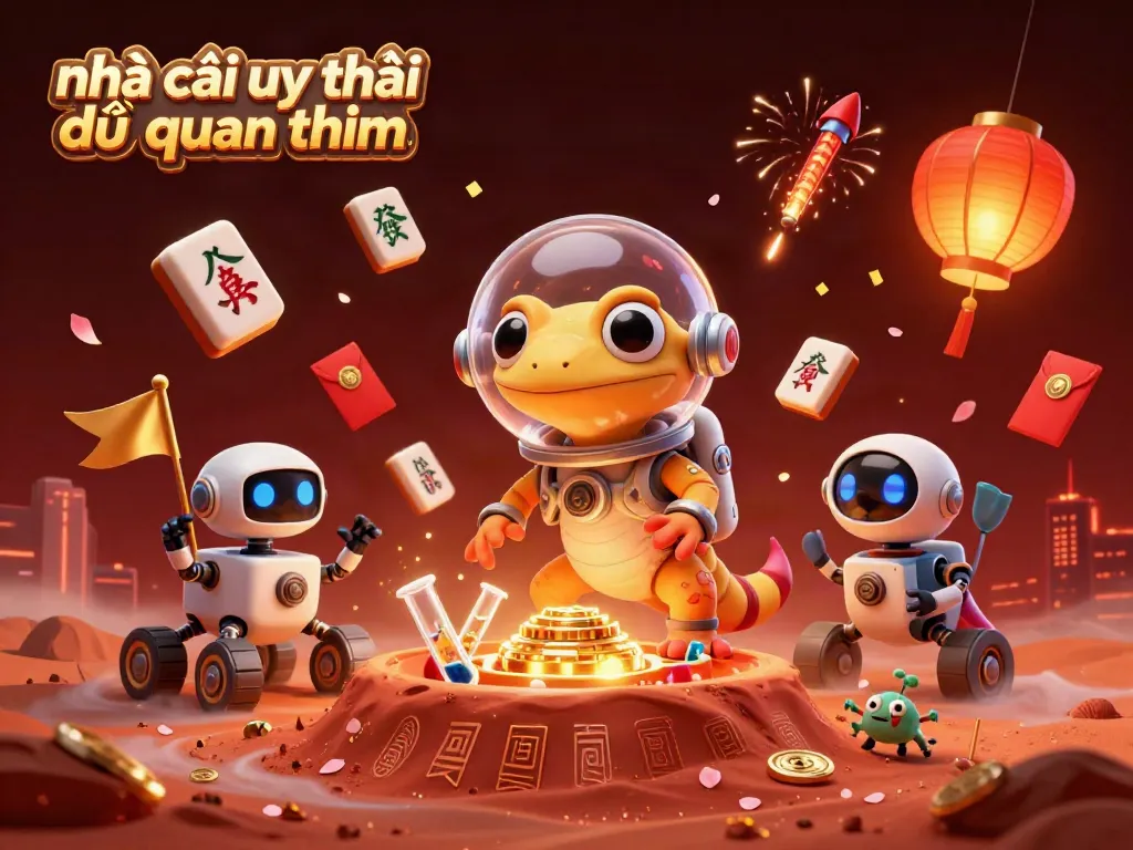 Engage with the vibrant scene of a Martian gecko discovering a golden casino, representing nhà cái uy tín được quan tâm in a fun 3D illustration.