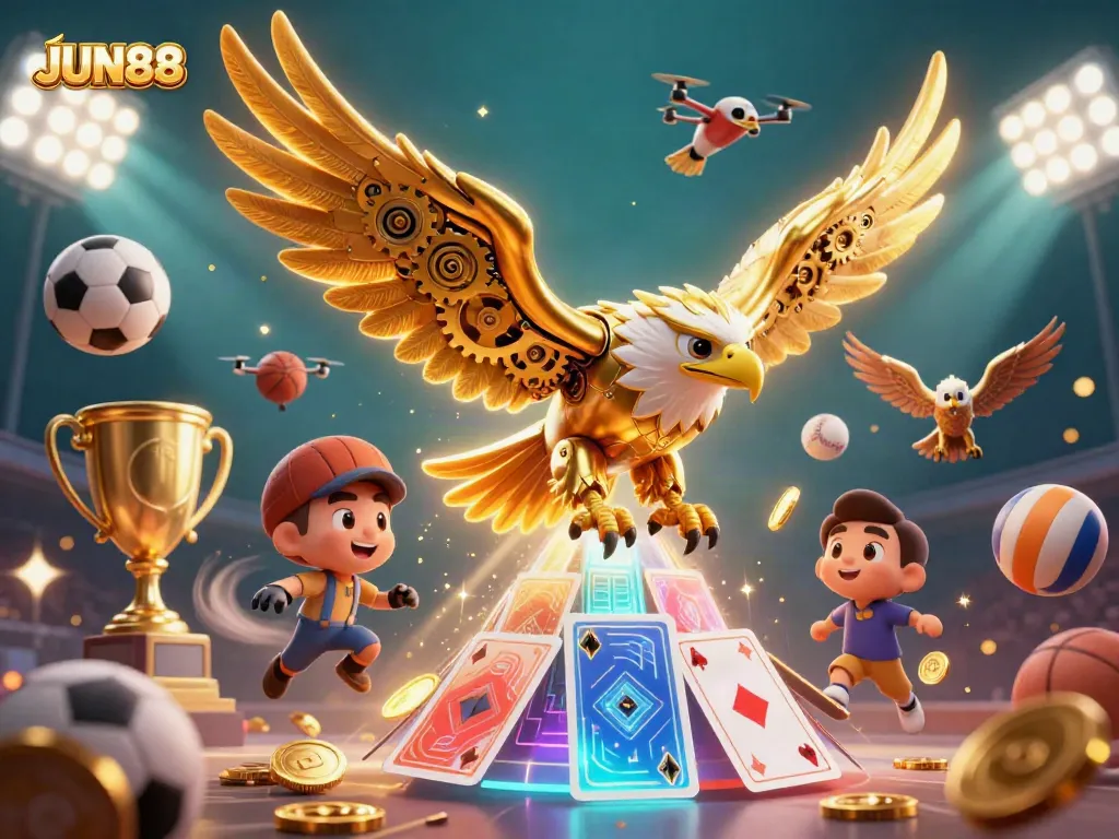 Experience the excitement of JUN88's dynamic betting scene with a cybernetic golden eagle amidst sports elements.