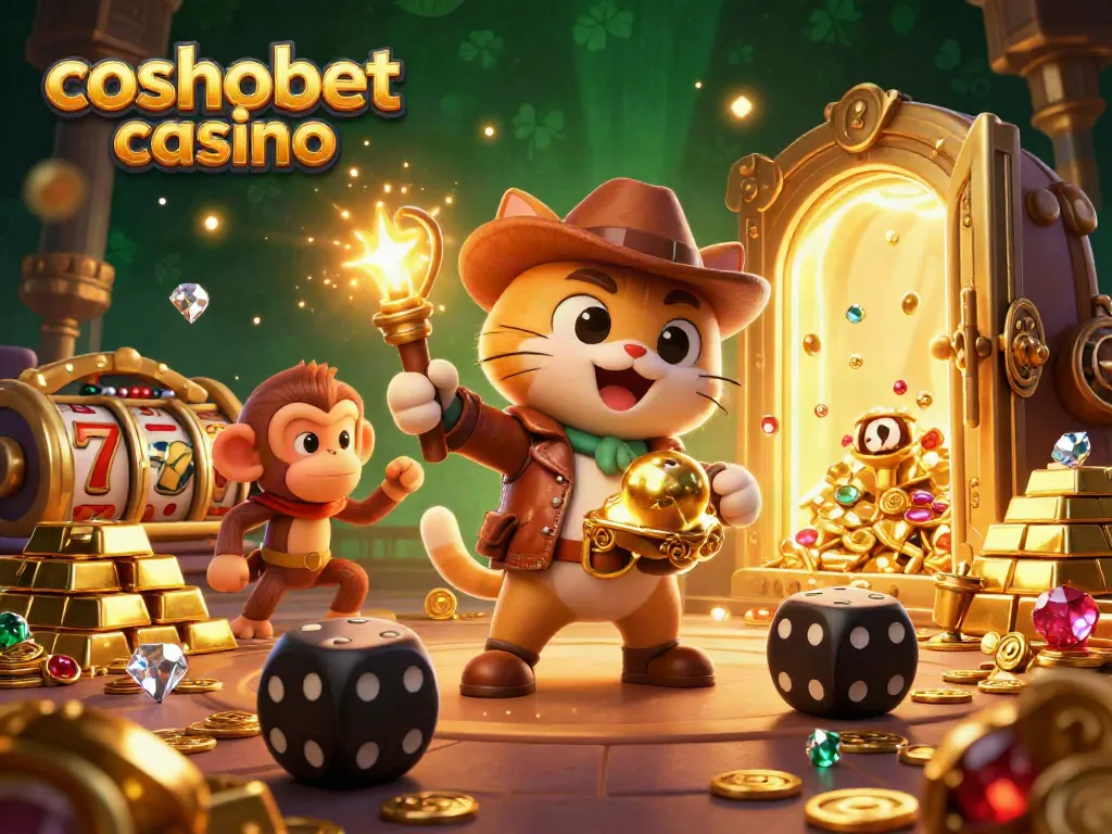 Experience the thrilling action of cosmobet casino with a cartoon explorer discovering ancient artifacts amid gold and jewels.
