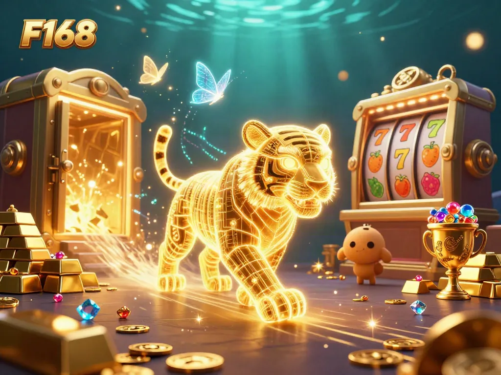 Experience the thrill of F168 gaming with vibrant slot reels and energetic casino imagery.