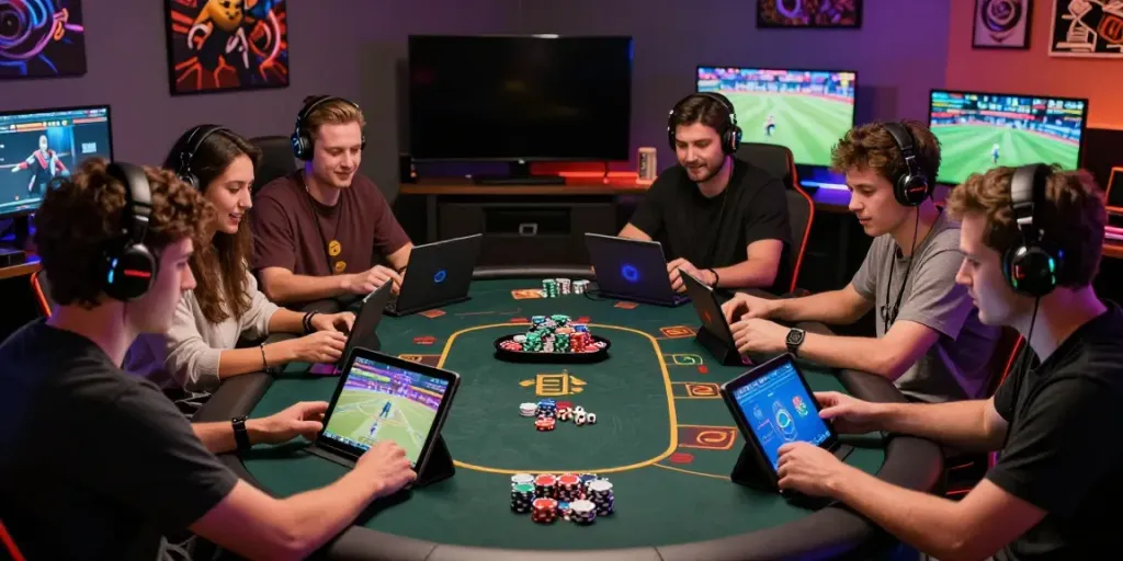 Friends enjoying online gaming at DA88 casino, showcasing excitement and vibrant atmosphere.