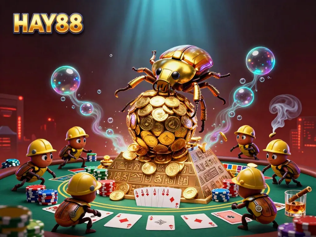 Engage with HAY88's vibrant 3D illustration showcasing golden beetles and casino games.