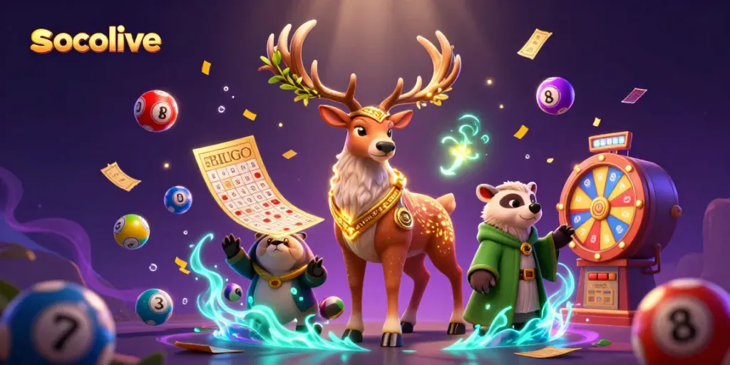 Socolive visuals showcase vibrant lottery elements and characters in a dynamic gambling-themed illustration.