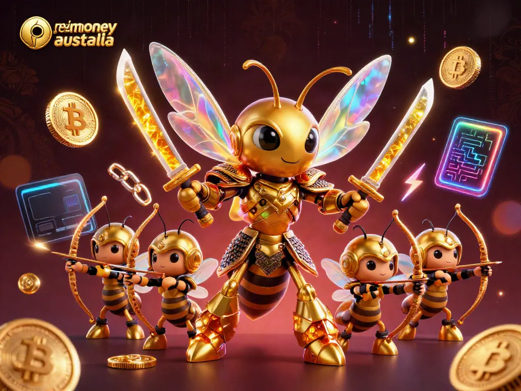 Engage in real money casinos australia with a 3D cartoon giant hornet in samurai armor amid crypto-themed elements.
