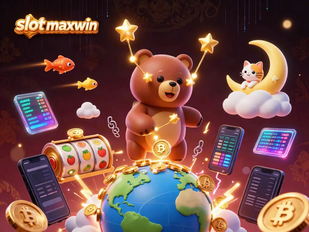 Experience the thrill of slot maxwin with an enchanting 3D gaming scene of a constellation bear scooping coins.