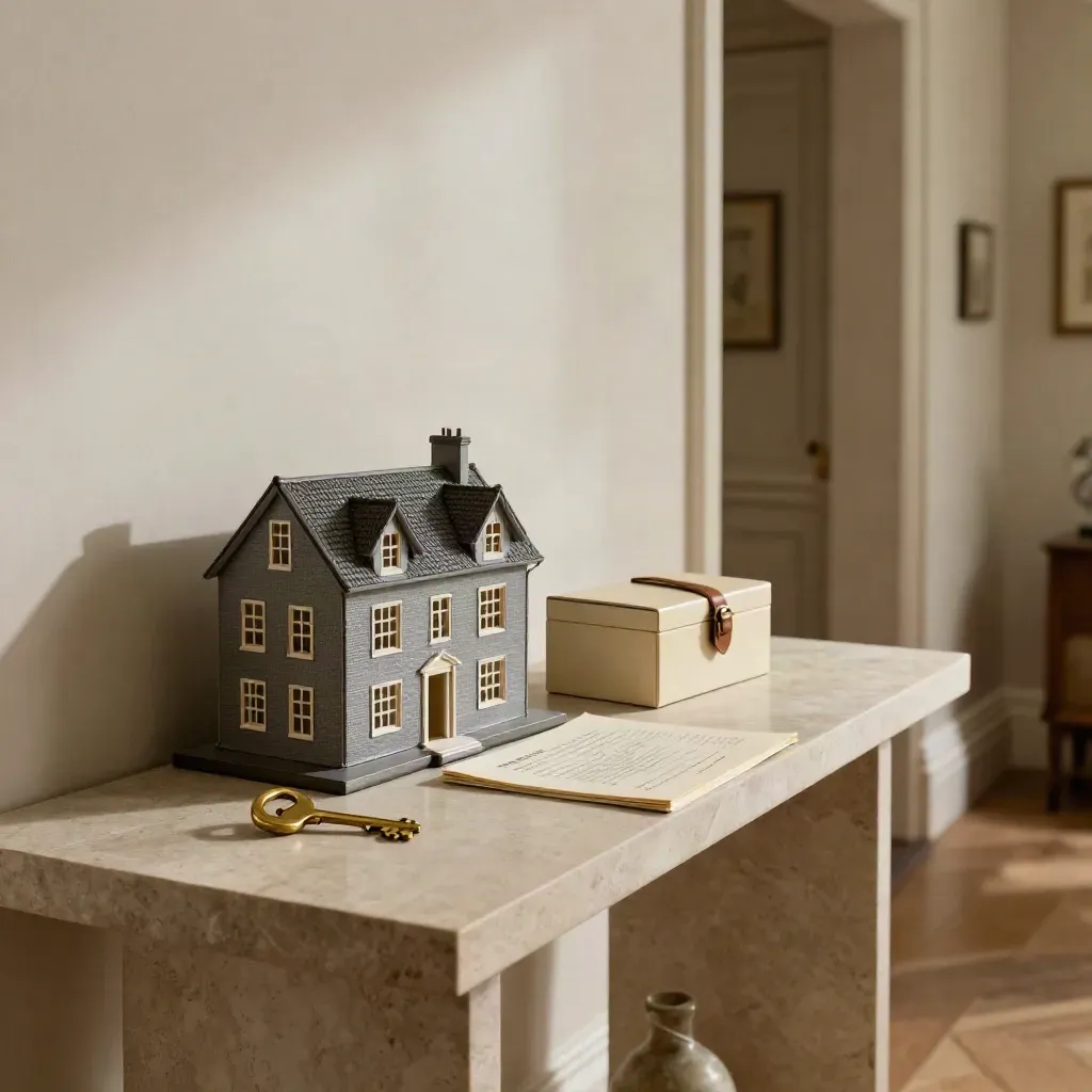 Townhouse console with house model, key, savings box and pension folio.