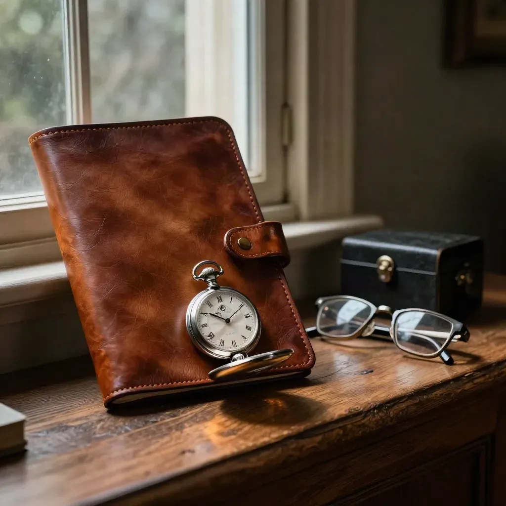 Leather retirement folio, pocket watch, glasses and fireproof box on an oak window ledge in moody light
