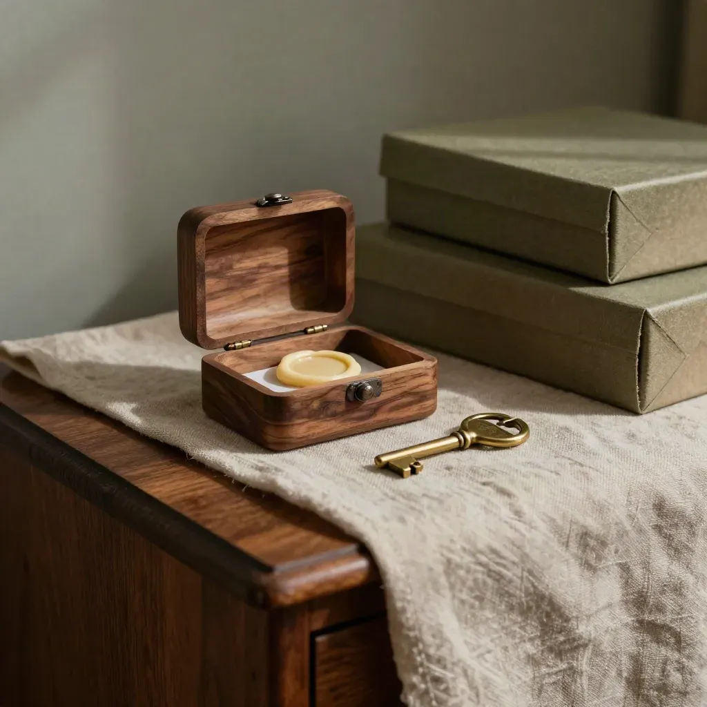 Walnut keepsake box, hardened wax seal, house key, and tied archive boxes on linen.