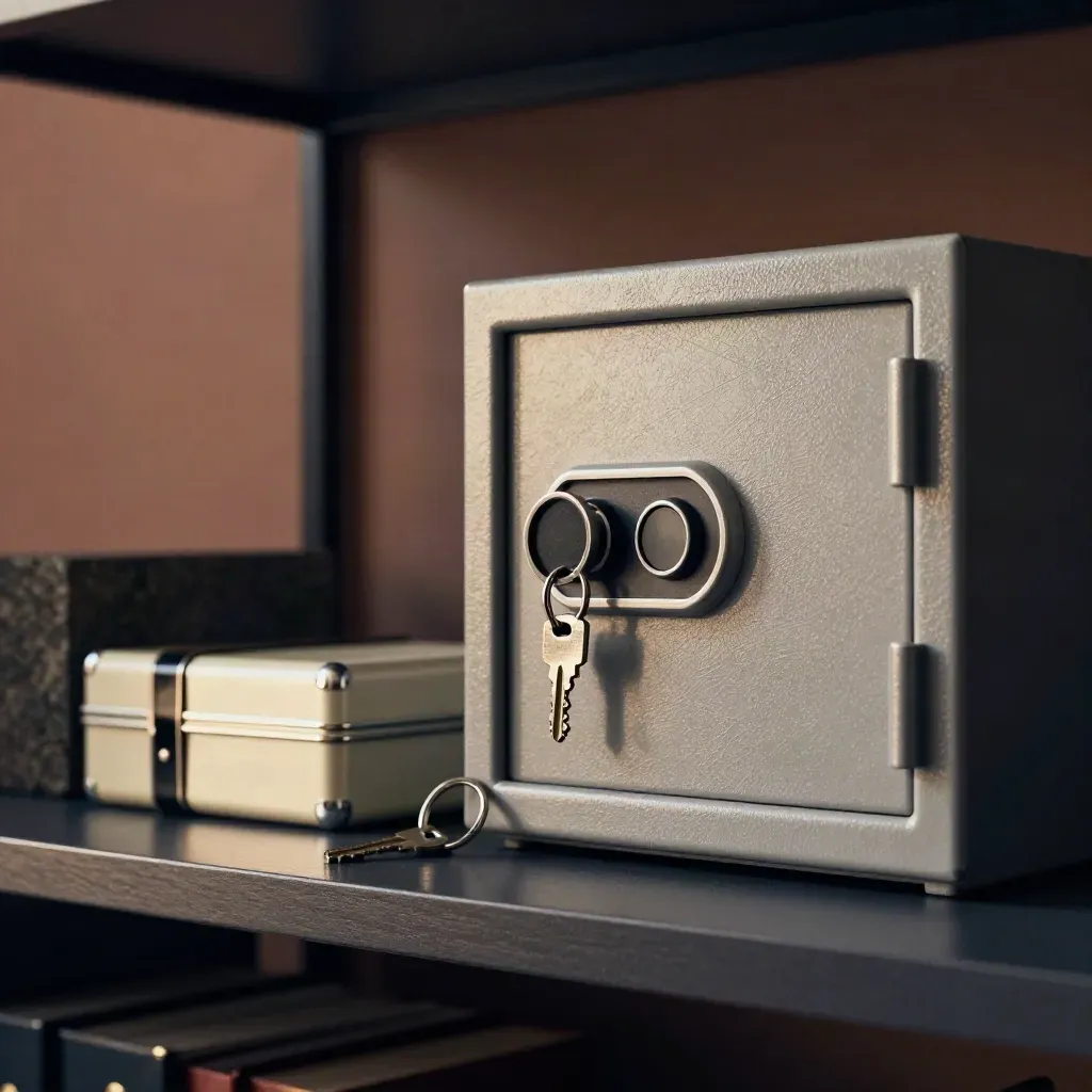 Brushed-steel safe with key ring, sealed cash case and stone block on a dark shelf.