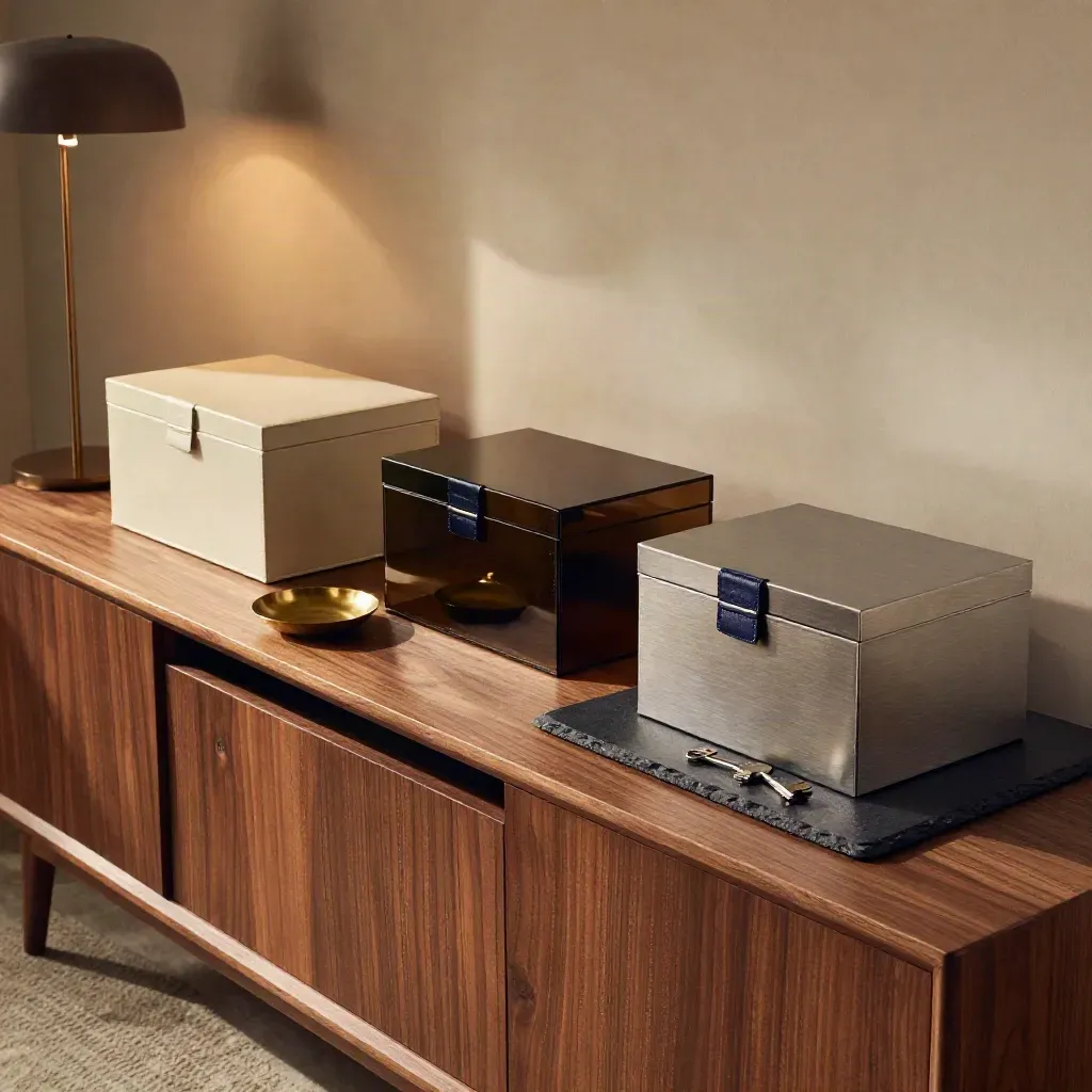 Three cash boxes, balance dish and safe key on a walnut credenza in warm late-afternoon light.