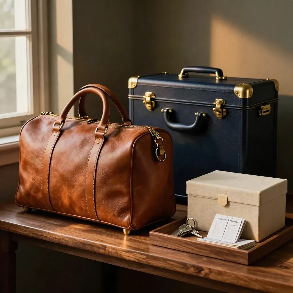 Leather holdall beside closed valuation and pension cases on a warm walnut shelf.