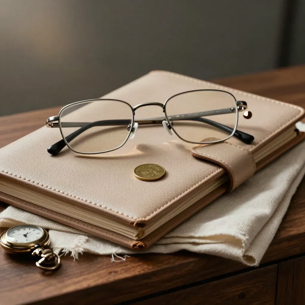 Closed pension folio with glasses, pocket watch and brass token on linen, lit in close macro.